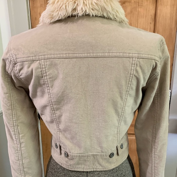Trucker Jacket Medium Tan Cropped Faux Fur Cotton Outer Retro Penny Lane - Picture 4 of 11